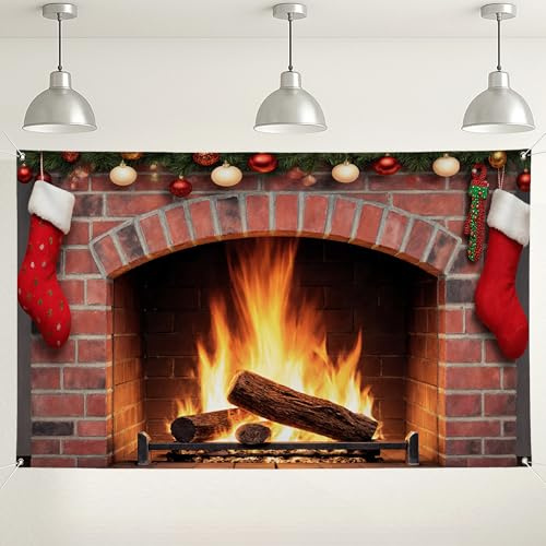 Weihnachtskaminhintergrund, gemütliche Feiertagsdekorationen für Fotos, festlicher Hintergrund für Partys, Winter-Innen- und Außenbereich, 180 x 109 cm