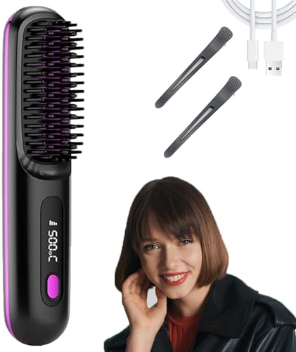 Brosse Lissante Portable Sans Fil, Brosse Chauffante Cheveux Court, Anti-BrûLure Avec éCran Led Rechargeable Pour Tous Les Types De Cheveux (Black)