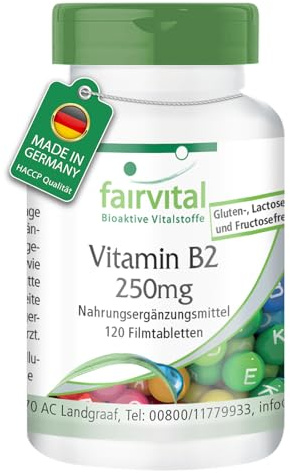 fairvital Vitamin B2 250mg, 120 tabletter, riboflavin, kvalitetskontrollerat och högdoserat, 100% veganskt, lätt att svälja, tillverkat i Tyskland