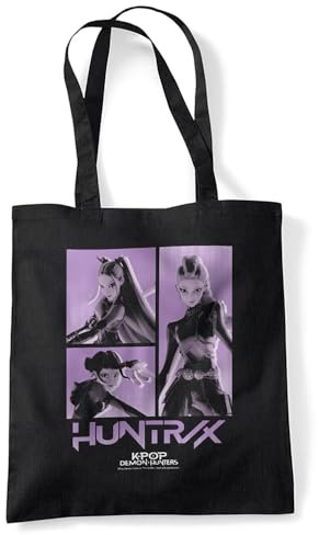 Kpop Demon Hunters Huntrix Band Grid Grocery Travel Reusable Tote Bag, Black