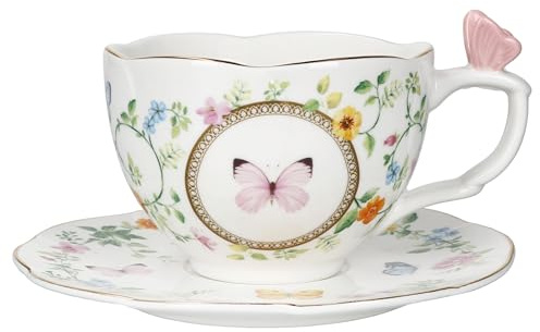 MamboCat Dancing Butterflies Tassen mit Untertertasse aus Porzellan I 220ml I florales & frühlingshaftes Tee Set I 3D-Schmetterling, Goldränder I Geschenkidee I für Tee, Kaffee