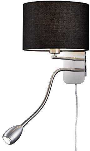 Trio Leuchten Wandleuchte Hotel 271170202, Metall Nickel matt, Stoffschirm schwarz, inkl. 1x 3.1 Watt LED, exkl. 1x E14, getrennt schaltbar, Lesearm flexibel, Flex Connect