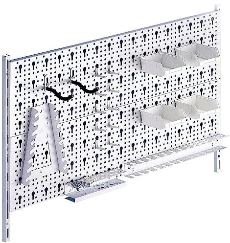 DIY Element System HEIMWERKER ORGANIZER 2 – Metall-Werkzeugwand mit verschiedenen Halterungen, ideal für Heimwerkstatt – 2 Stahl-Lochplatten 800 x 200 mm, weiß