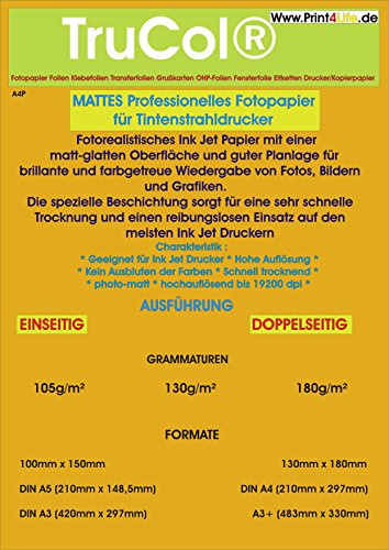 trucol DIN A3 Inkjet Papier, Photo – matt, 180g /m², 50 Blatt, 1-seitig beschichtet