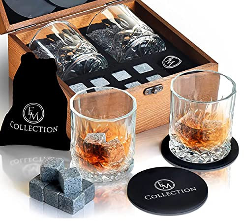 Whiskey Stones Geschenkset – 8 Granit Rocks Wiederverwendbare Kühlsteine und 2 Crystal Bourbon Gläser in Holzbox Geburtstagsgeschenk Set für Ihn, Herren, Vater, Ehemann, Freund, Boss