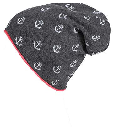 Zwillingsherz Slouch-Beanie-Mütze aus Baumwolle - Hochwertige Strickmütze mit Ankern für Damen Mädchen Jungen 2019 - Hat - One Size - perfekt für Frühjahr Sommer Winter - d.grau