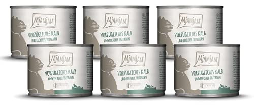 MjAMjAM - Premium Nassfutter für Katzen - vorzügliches Kalb & Truthahn an leckeren Möhrchen, 6er Pack (6 x 200 g), getreidefrei mit extra viel Fleisch