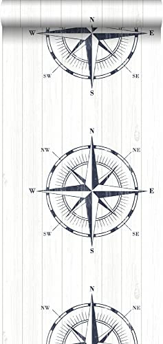 papier peint rose des vents sur du bois de rebut bleu foncé et blanc 53 cm x 10.05 m - ESTAhome