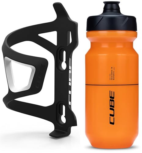 Cube HPP Right Side Loading Cage - Black & Flow Bottle - Orange, 500ml / Lightweight Bicycle Cycling Cycle Bike MTB Mountain Road Water Drink Flask Bidon Bracket Mount Holder HPA HPP Set Accessories