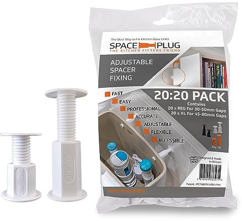 Space-Plug Adjustable Spacer Fixings, 40 Pack of White Spacers, (20 Regular size for 30-50mm gaps, 20 XL size for 45-80mm gaps), Professional & DIY use for kitchen, bedroom & bathroom installations