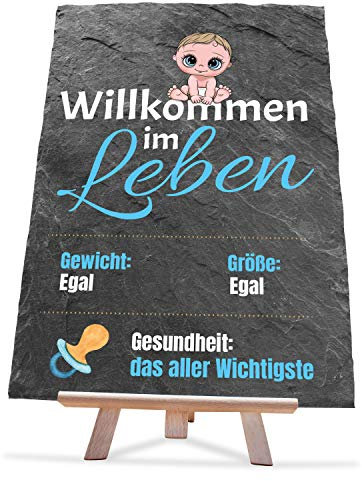 wandmotiv24 Schiefertafel als Geburtstagsgeschenk, 20 x 30 cm, Willkommen im Leben, Wichtig, Geburt, Neugeborenes, für Familie und Freunde, Baby-Geschenke, Junge, Blau, Taufe, Babyzimmer, Deko M0058
