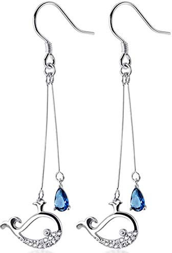 Wal baumelnde Haken-Ohrringe, S925er-Sterlingsilber, blauer Kristall, Wassertropfen-Charm, Zirkonia, niedlicher Fisch, baumelnder Einfädler, Modeschmuck für Frauen und Mädchen, BFF, Weißgold
