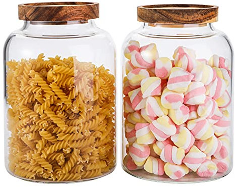 Bekith 2 Pack Large Glass Food Storage Container with Airtight Wooden Lid, 66 FL OZ(1950ml) Glass Food Canister for Kitchen and Pantry Organization, Coffee, Weed