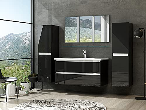 Badmöbel Set mit Schubladen Glas ablage (Marcel Schwarz, 90 cm 2X Hochschrank)