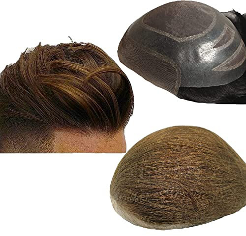 NLW Toupet Echthaar Männer 0.04 mm Thin Skin PU with Lace Toupet Herrenperücken 8 * 10 Base Herren Echthaar perücke 110% Density(#4 Light Brown)