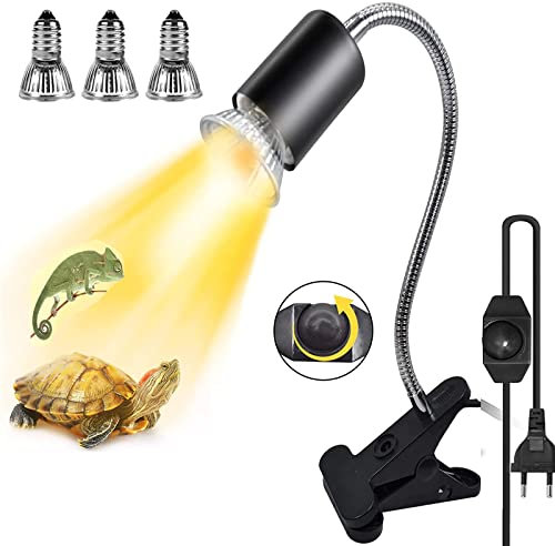 JOOVCC Lampada riscaldante per rettili, lampada riscaldante per tartarughe, lampada riscaldante UVA UVB, 3 lampadine di diversa potenza e morsetto girevole a 360°.