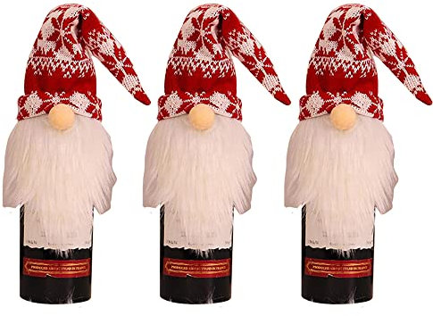 3 Pack Christmas Gonk Bottle Covers – Fair Isle Red & White Knit Design | 24cm Long Festive Wine Bottle Decorations | Reusable Santa Gnome Gift Wrap Set for Christmas Parties & Table Décor