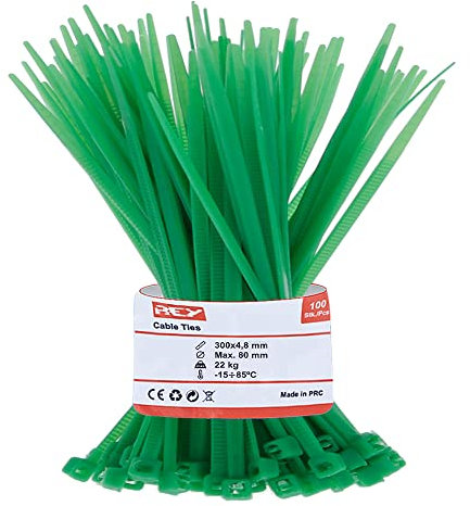100x Paquete Bridas Cables de Malla Reforzada 4,8 x 300mm, Protección Rayos UV, Verde