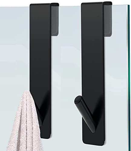 Guanyj Crochet Douche,2 Pcs Crochet Mural Cabine de Douche,Crochet Porte Serviette sans Perçage,Crochets Porte de Bains,Acier Inoxydable,pour Une épaisseur de Verre de 6 à 12 MM, Noir