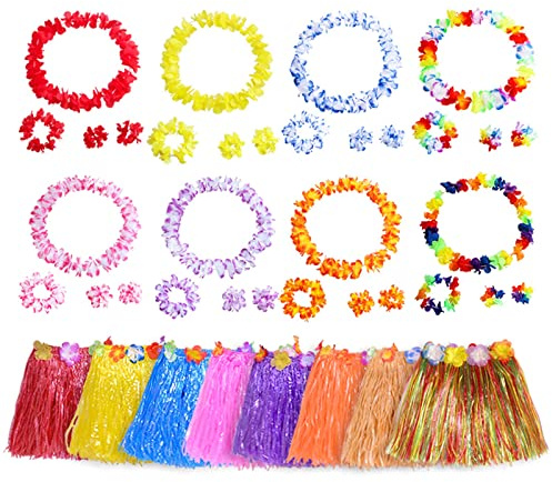 40PCS Gonna Hawaiana Set con 8 Gonna di Erba Elastico Gonna Hawaiana,8 Ghirlanda Hawaiana Collana fiori,8 bracciali,16 Fasce, Costume hawaiano Hula Gonna per ragazze Donne Hawaii Summer Decorations