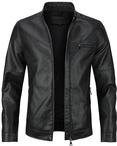 Sliktaa - Chaqueta de piel sintética ecológica de invierno con un cuello alto de transición de colchonetas moto piloto con cremallera casual con cremallera de cuero fresco clásico, Negro E, L
