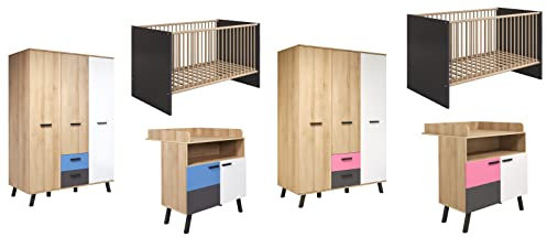 trendteam smart living - 3-teilige Babyzimmerkombination Babyzimmermöbel - Babyzimmer - Mats Color - Farbe Bianco Buche/Weiß/Grau mit Blau/Rosa - 1976605D4