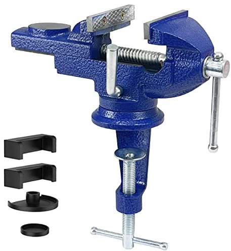 Sutekus Home Vise Schraubstock zum Aufklemmen, robuster Schraubstock Universal-Tischschraubstock 360° drehbarer Sockel, Werkbank, Schraubstock für Holzbearbeitung, Metallbearbeitung (7.6 cm, blau)