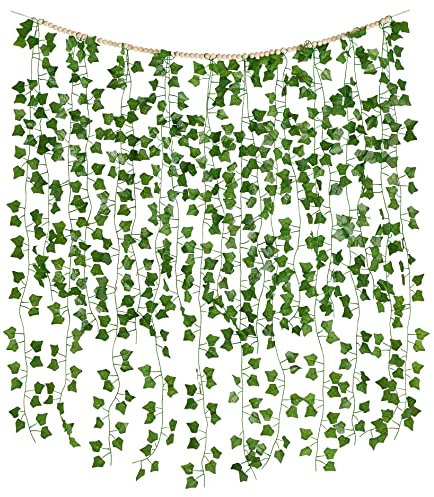 Mkono Hängende gefälschte Reben für Schlafzimmer Wanddekoration Künstliche Pflanzenblätter mit Holzperlen Set Indoor Greenery Ivy Girlande für Wohnzimmer Wohnung Hochzeit Party Teen Girl Room