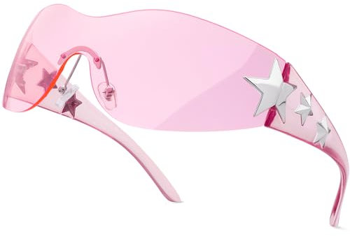 Haqptul Randlose Y2K Sonnenbrille Stern Wrap Around Brille 2000er Jahre Zubehör für Damen Herren trendige Mode coole Schild Schattierungen, Rosa / Rosa