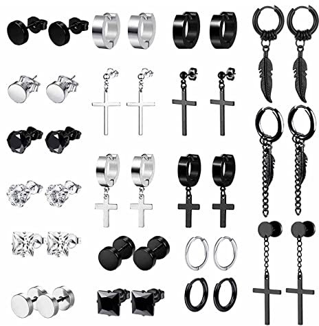 19Paar Edelstahl Punk Creolen Ohrringe für Herren Damen Kleine Kpop Huggie Ohrringe Gothic Hoop Schwarze Ohrringe Runde Zirkonia Kreuz Creolen Huggie Ohrring Ohrstecker Silber Schwarz
