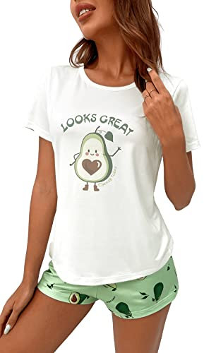 GORGLITTER Damen Pyjama Set Avocad Top und Short Sets Kurze Hose Schlafshirt Zweiteiliger Schlafanzug Schriftzug Weiß und Grün S