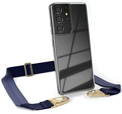 EAZY CASE - Hülle mit Band kompatibel mit Galaxy S21 Ultra 5G Handyhülle mit Umhängeband Silikonhülle Transparent Schutzhülle Handykette zum Umhängen Handykordel Smartphone in Nacht Blau - Clips Gold