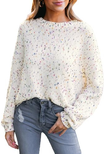 CUPSHE Damen Strickpullover Rundhals Langarm Regenbogen Bunte Melierte Optik Feinstrick Pulli Herbst Winter Oberteile Tops Lässig Knit Sweater Weiß S