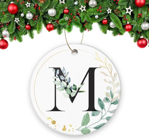 2023 Christmas Ornaments Ceramic Christmas Tree Decorations Durable Round Hanging Ornament 2.95in Alphabet Initial Letter Pendant - M