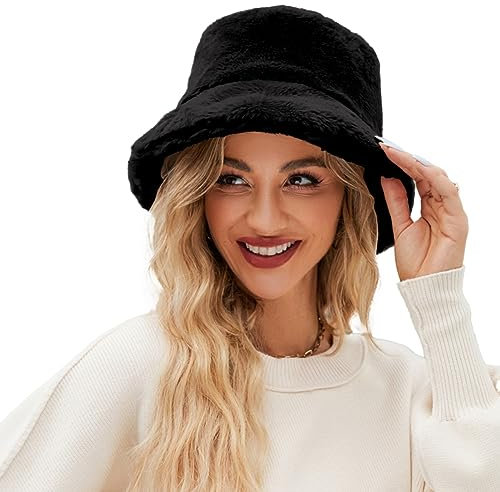 LOIJMK WintermüTzen FüR Frauen Weich Kunstpelz Flauschige Bucket Hat Winter Warme Anglerhut Damen PlüSch Eimer Hut Einfarbig/Leopardenmuster Fischerhut Faltbar Warme Elegant MüTze (Z1-Black, One Size)