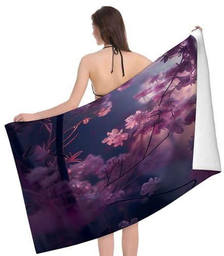 351 Strand Handtuch Rosa Blumen Und Bäume Auf Dem Twilight Muster Mikrofaser Handtücher Ultraleichtes Badehandtuch Tragbares Strandtücher, Für Schwimmen, Strand, 80x130cm