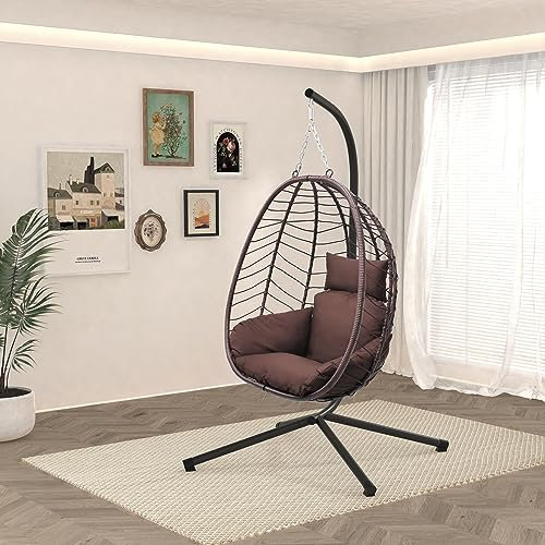 VARVIND Hängesessel mit Ständer, Terrassen-Hängematte, Schaukelstuhl, Korb, Rattan, verstellbare Höhe, UV-beständig, für Innen- und Außenbereich, 159 kg, Braun