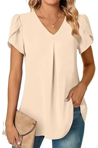 SHEKINI Blusa Elegante de Verano para Mujer, Cuello en V, Camiseta de Manga Corta, Túnica, Tops de Chiffon con Volantes en las Mangas, Blusas Casuales, beige, M