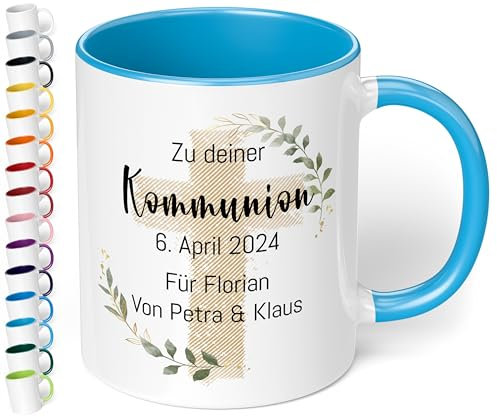 Christliches Geschenk: Tasse personalisiert „Zu deiner WUNSCHTEXT“ – Kreuz-Motiv – Keramik 330ml Geschenk Kommunion Konfirmation Firmung Taufe Mädchen Jungen (Hellblau)