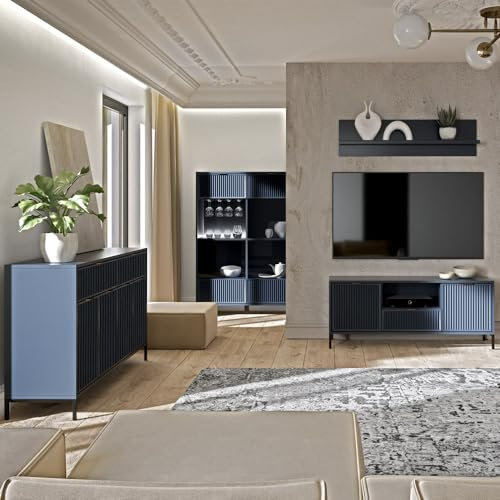 Lomadox Wohnzimmer Set Wohnwand Anbauwand Indigo blau modern 4-teilig Sideboard Wandregal Lowboard Highboard