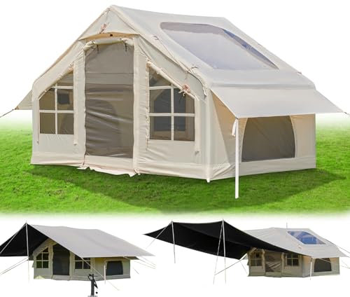 Aufblasbares Zelt für Camping, 4–6 Personen, Glamping-Zelt, aufblasbares Luftzelt, einfacher Aufbau für 4 Jahreszeiten, wasserdichtes Oxford-Familienzelt mit großer Plane und zwei Oberlichtern.