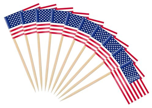 100 palillos de dientes de la bandera estadounidense, palitos de hamburguesa del Día de la Independencia, banderas de comida con banderas de Estados Unidos en palos, adornos para cupcakes del 4 de