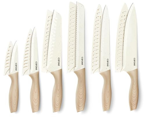 CAROTE 12PCS Knife Set with Blade Guards,Granite Nonstick Ceramic Coating,Stainless Steel Blade, Wooden Handle, Essential Knife Set,White