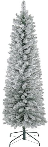 HOMCOM 5ft Artificial Pencil Christmas Tree with 263 Snow Flocked Branches, Metal Base, Realistic Xmas Tree, White