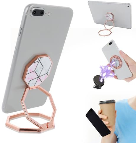 GEEHUA Phone Ring Holder Finger Kickstand, 360° Rotation Metal Phone Stand Foldable Adjustable Cell Phone Back Hand Grip Holder for Desktop Magnetic Car Mount Compatible with Most Phone(Rose Gold)