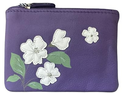 Mala Leather Sakura RFID Card & Coin Purse – Genuine Leather Floral Appliqué Zip Pouch (Purple)