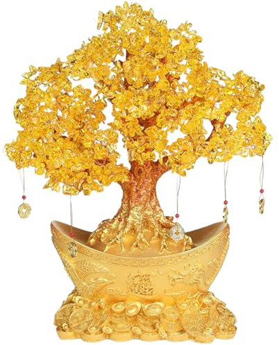 Blogiiup Chinesischer Geldbaum, Feng Shui Goldener Geldbaum, Geldbaum mit Kupfermünzenanhänger, Citrinbaum mit Basis für Wohlstand und viel Glück