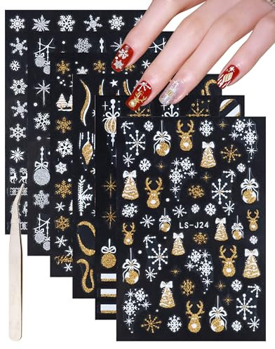 Nagelsticker Weihnachten Schneeflocken-6 Blatt Nail Art Sticker Selbstklebend Nagelaufkleber und 1 Pinzette, Winter Elch Schneeflocke Gold Silber Glitter Dekoration Stickers Nageldesign Zubehör- Set E