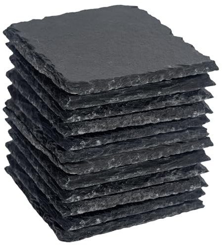 Argon Tableware Square Slate Coasters - 10cm - 12 Piece Drink Coasters Black Stone Natural Slate Drink Mat Cup Mats for Kitchen, Bar, Restaurant, Weddings, Events