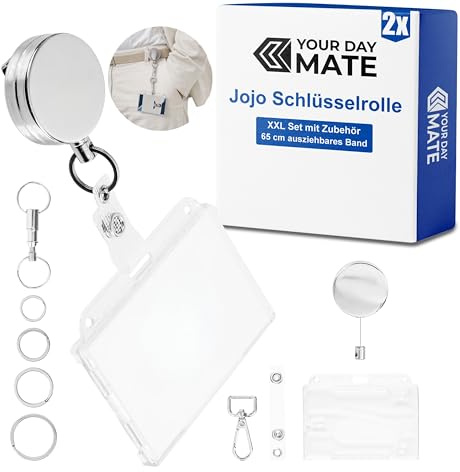 Jojo Schlüsselband, 2 Sets, in Silber-farben, mit 65 cm Stahlseil, Bremse, Metallgehäuse, Schlüsselrolle für Schlüssel, Ausweis, Kit mit Schlüsselringen, Karabiner, Ausweishülle, Schlüsselanhänger